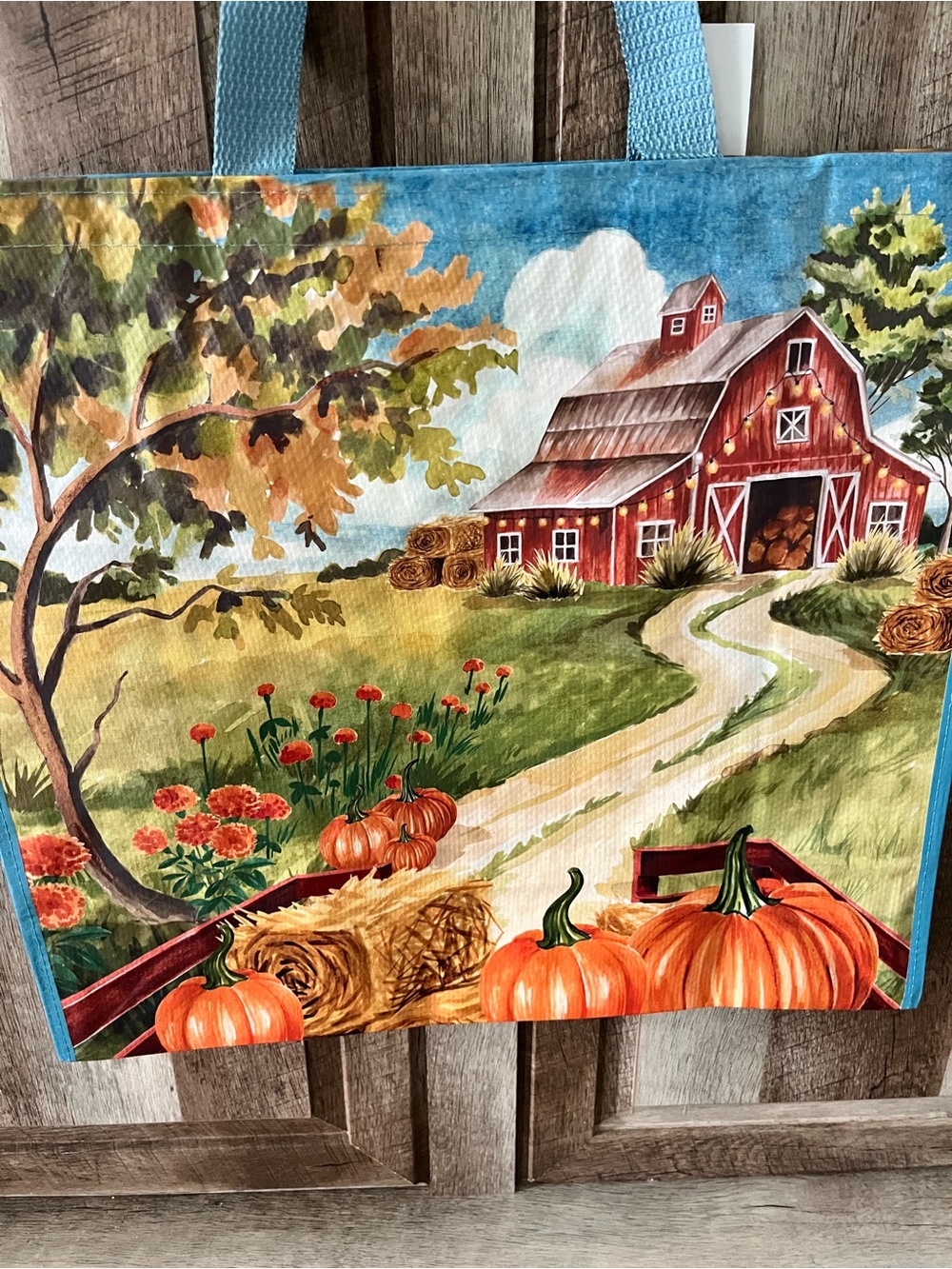 🍂Fall Reusable Shopping Tote Bag Farmhouse Red Barn Pumpkins NWOT